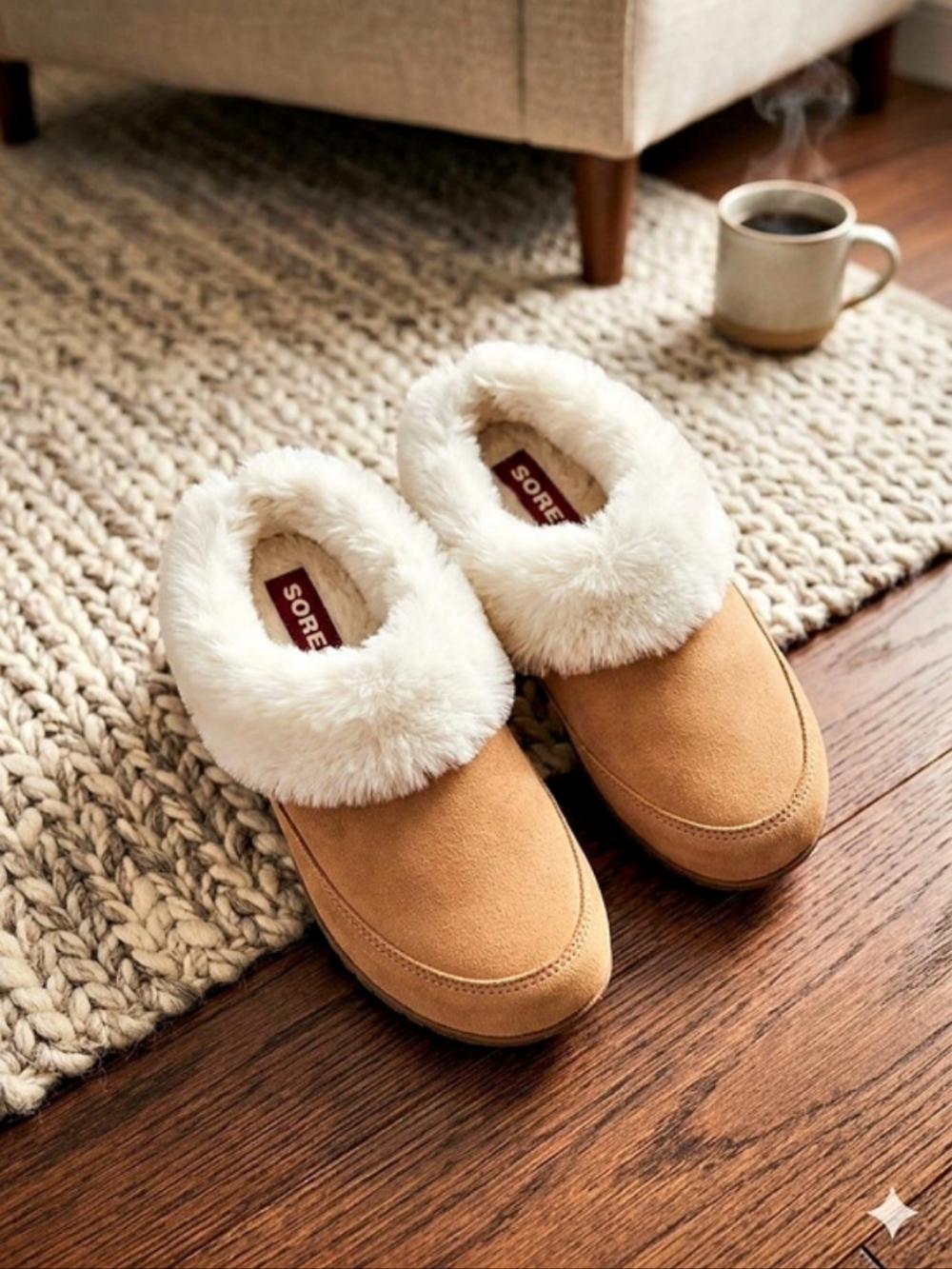 Sorel Nakiska Scuff Slipper Faux Fur Trim Slippers in Brown & White Like New